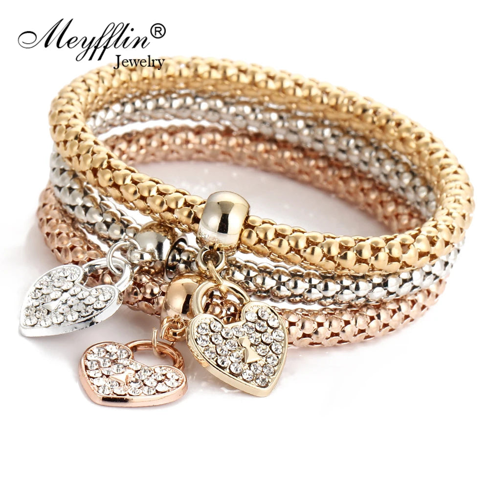 3PCS Set Crystal Bracelets & Bangles 2022 Gold Color Wrap Charm