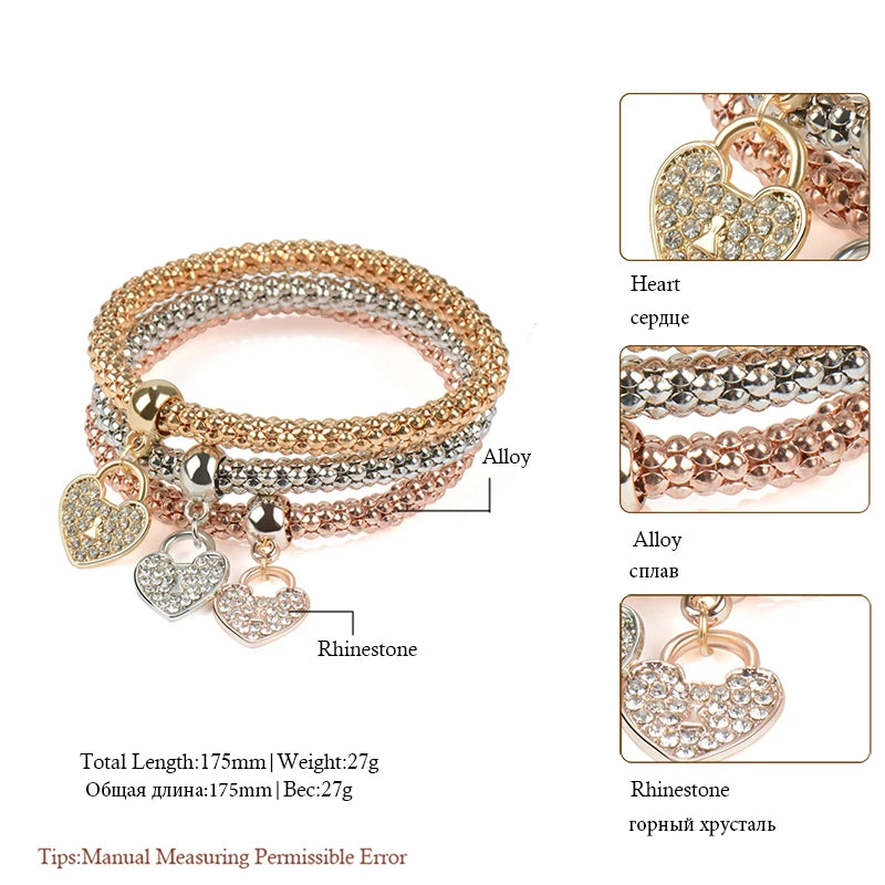 3PCS Set Crystal Bracelets & Bangles 2022 Gold Color Wrap Charm