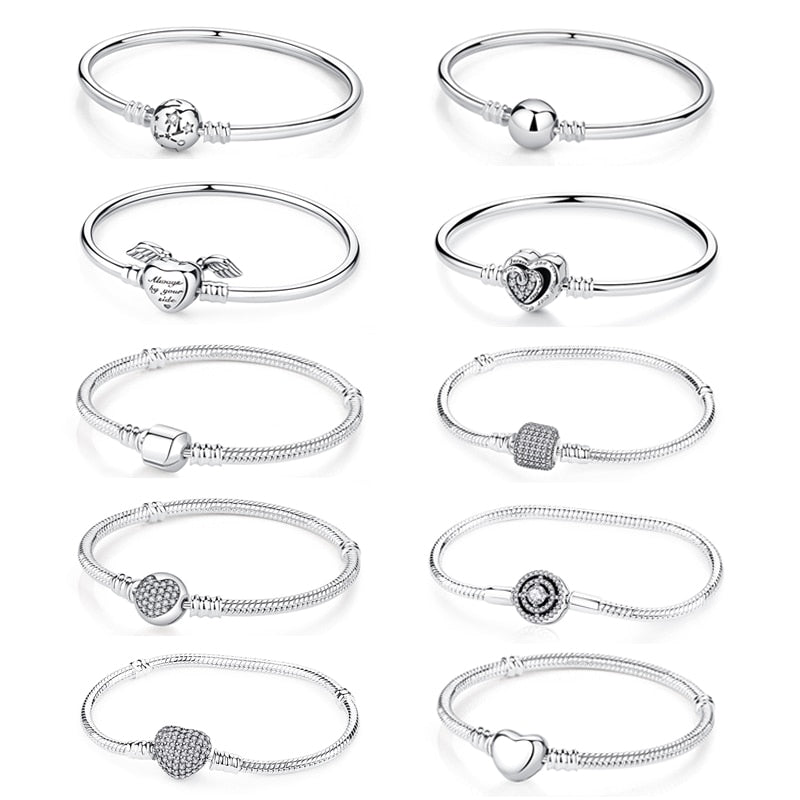 Original 925 Sterling Silver Bracelets Bangles Crystal Ball Love Heart