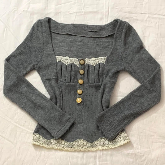 Preppy Vintage Button Long Sleeve T-shirt Aesthetic Retro Kawaii Lace