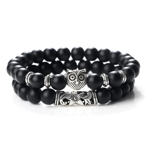 Fashion Natural Stone Beads Bracelet For Men Classic Owl Beaded Black