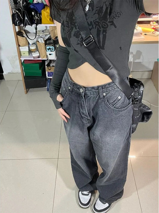 QWEEK Vintage Black Baggy Jeans Women Korean Streetwear Oversize