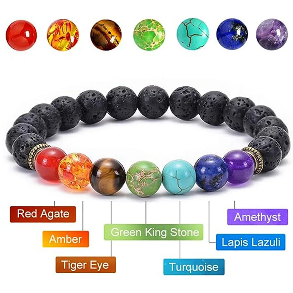 7 Chakras Lava Stone Turquoise Beads Stretch Bracelet Natural