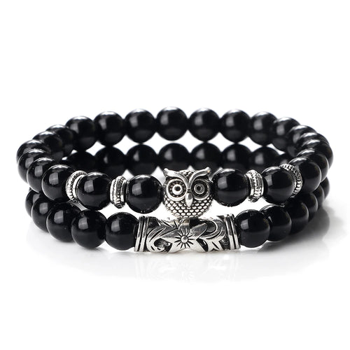 Fashion Natural Stone Beads Bracelet For Men Classic Owl Beaded Black