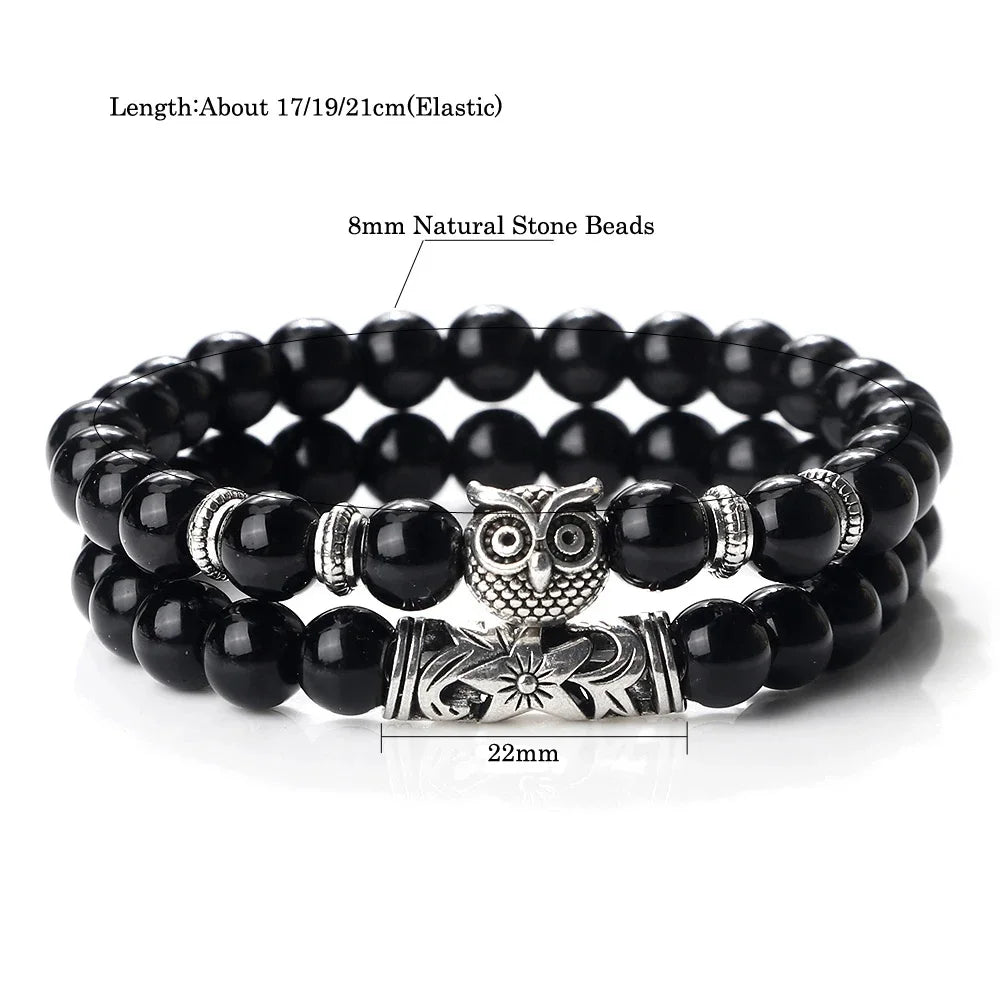 Fashion Natural Stone Beads Bracelet For Men Classic Owl Beaded Black