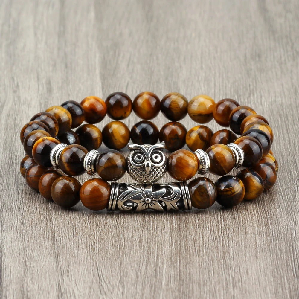 Fashion Natural Stone Beads Bracelet For Men Classic Owl Beaded Black