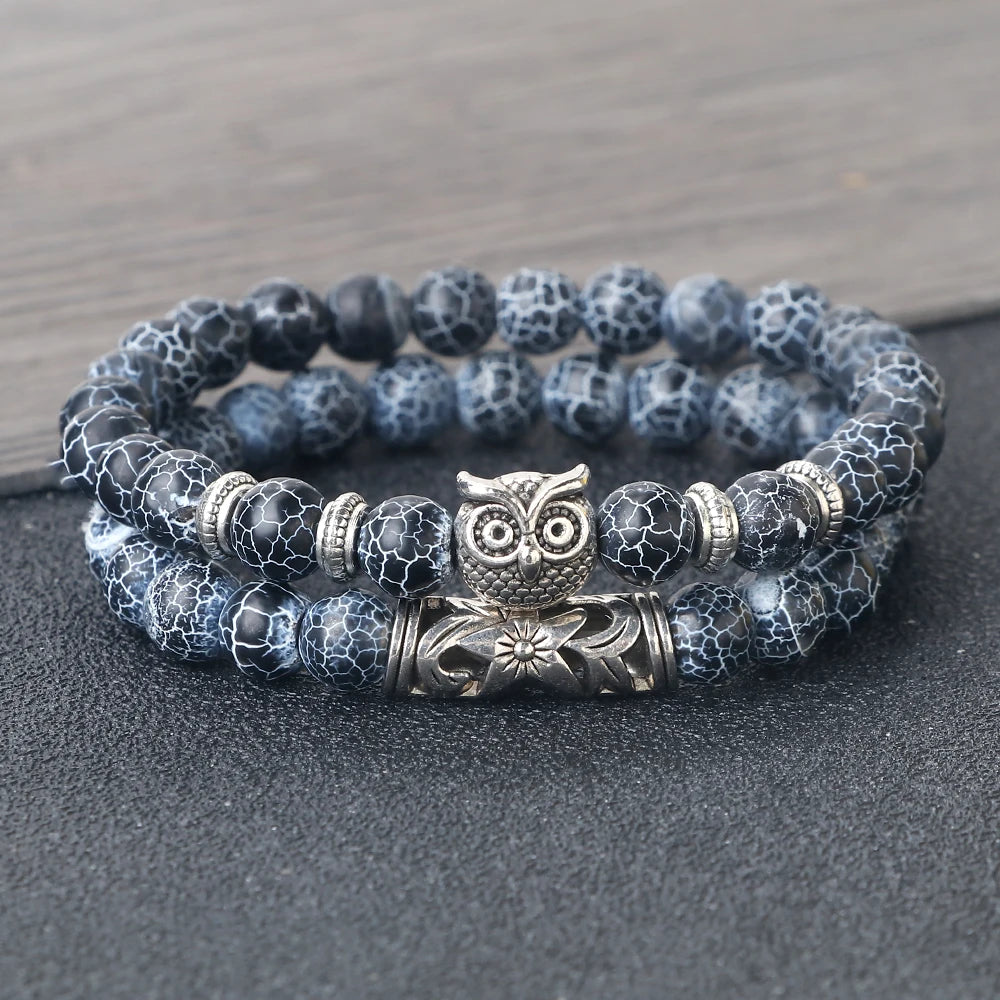 Fashion Natural Stone Beads Bracelet For Men Classic Owl Beaded Black