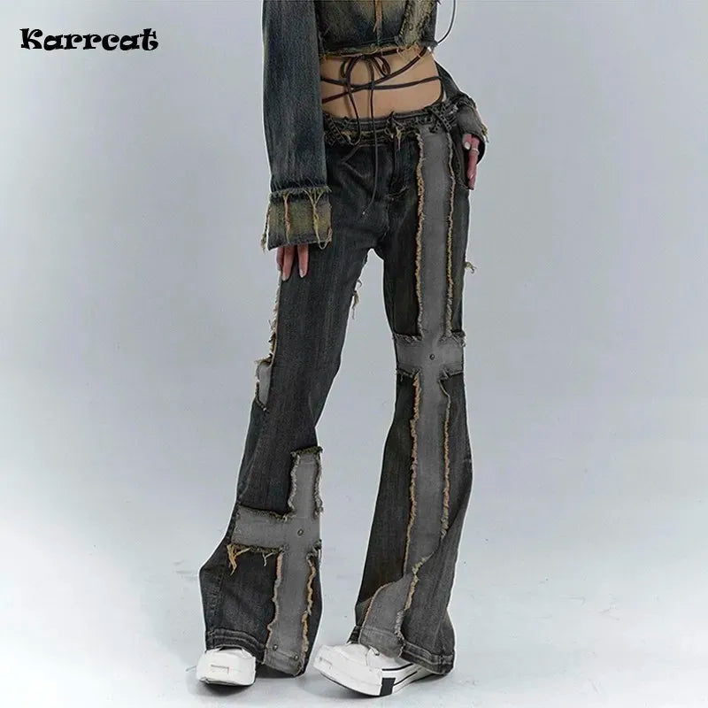 Karrcat Grunge Aesthetics Distressed Jeans Vintage Patchwork High