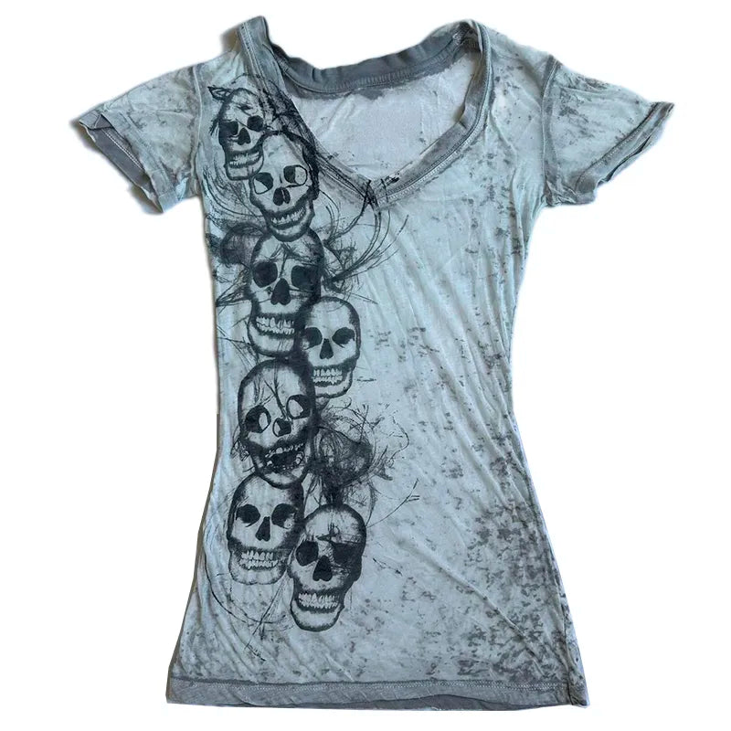 Graphic Tie Dye V Neck Crop Tops Y2K E-girl Gothic Grunge Skull Print