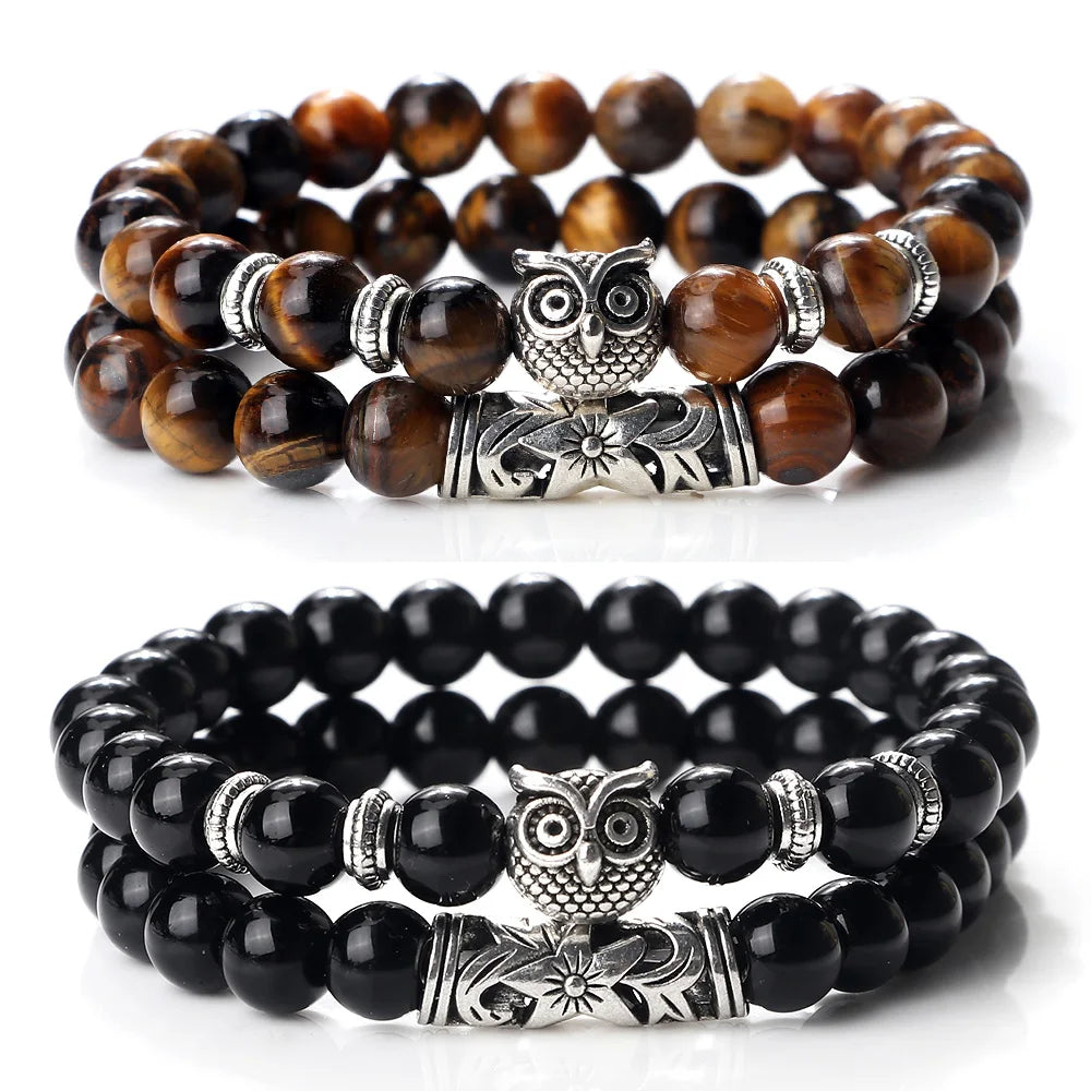 Fashion Natural Stone Beads Bracelet For Men Classic Owl Beaded Black