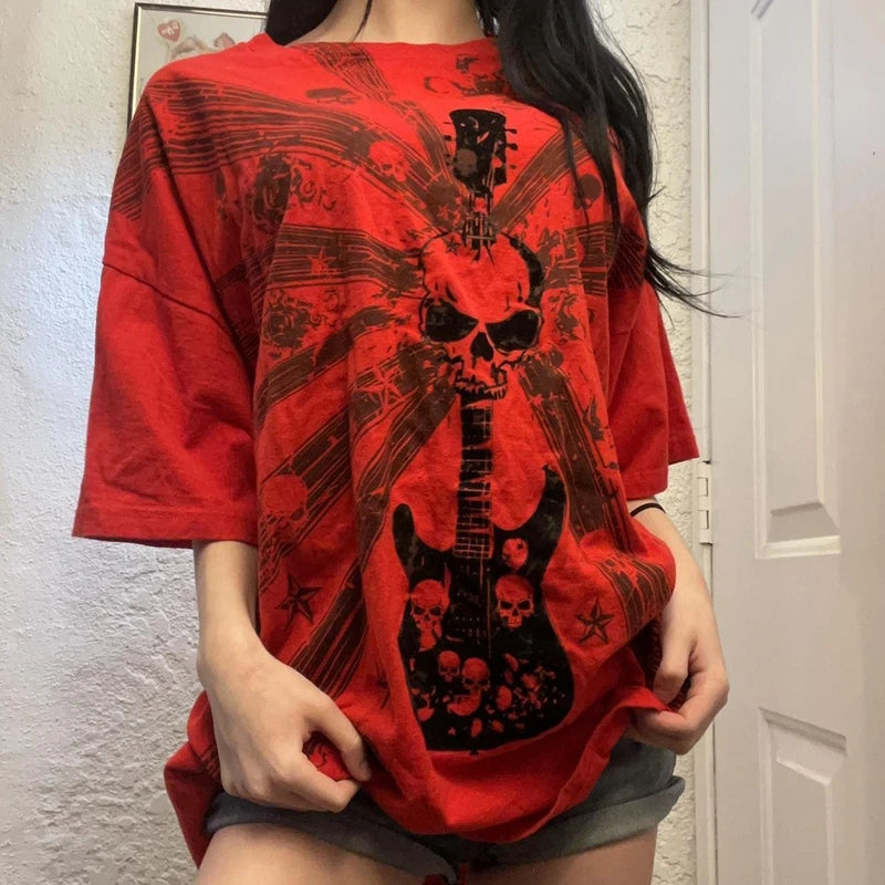 Punk Harajuku Grunge Short Sleeve Loose Tees E-girl Gothic Skulls