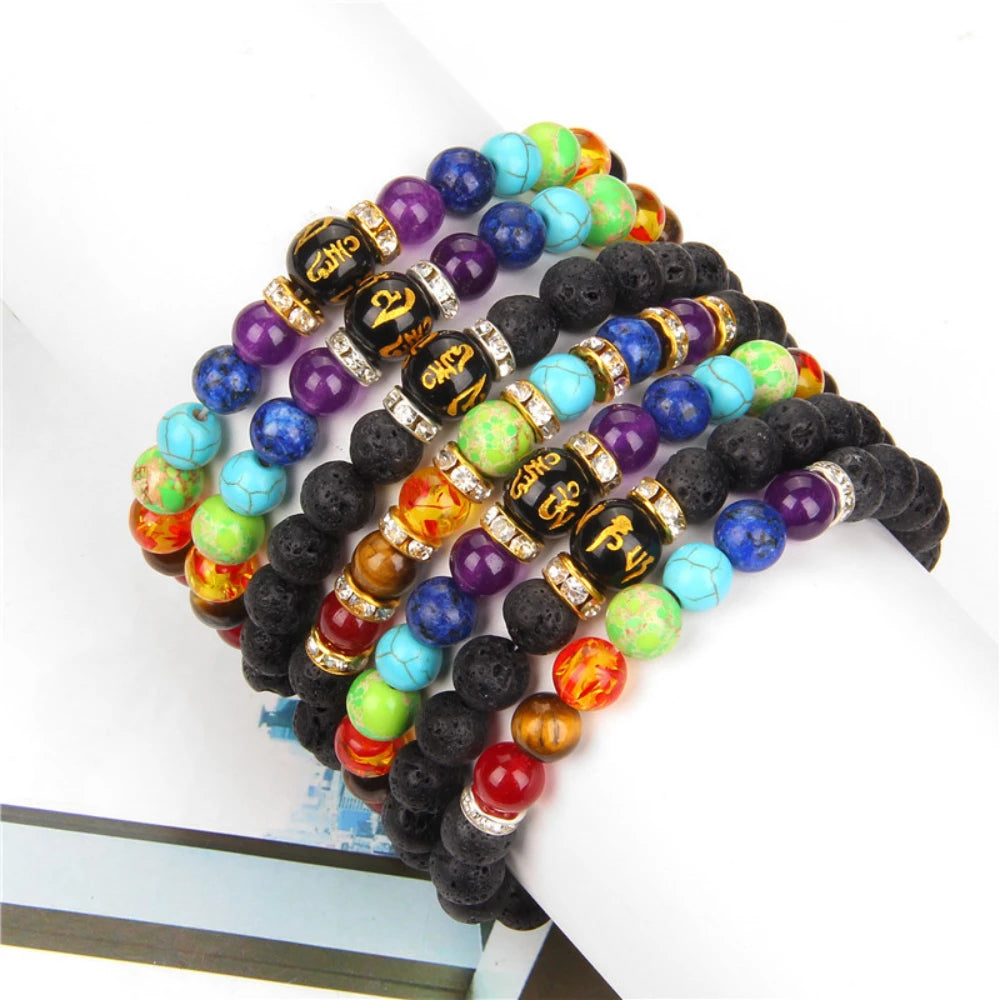 7 Chakras Lava Stone Turquoise Beads Stretch Bracelet Natural