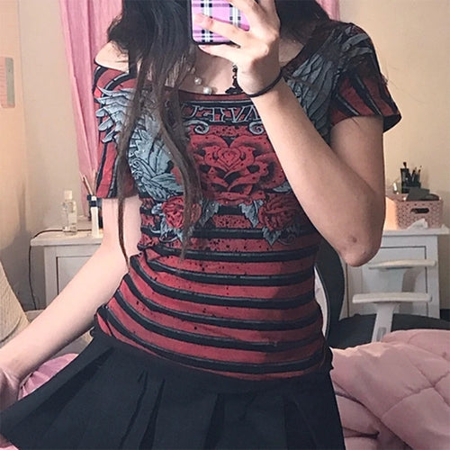 Y2K Aesthetic Grunge Mall Goth Crop Top Vintage Striped Rose Graphic