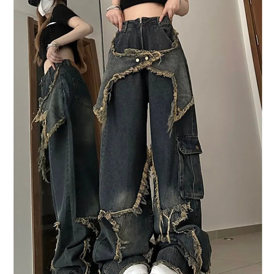 Star Spliced Distressed Baggy Cargo Jeans