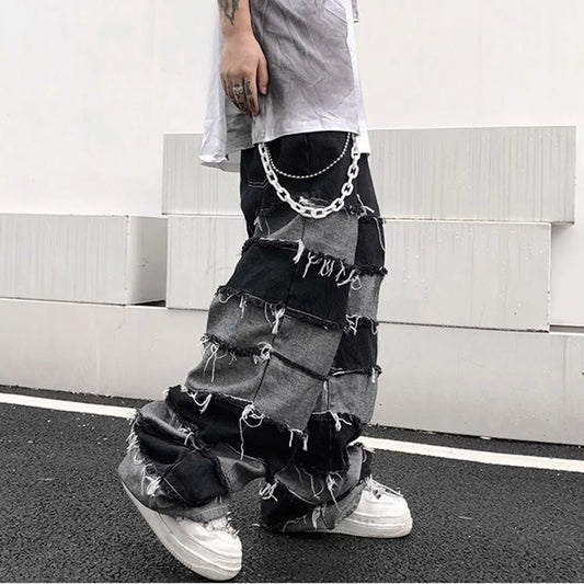 Tassel Jeans Men's Patchwork Wide Leg Lazy Style Hip Hop Loose Denim