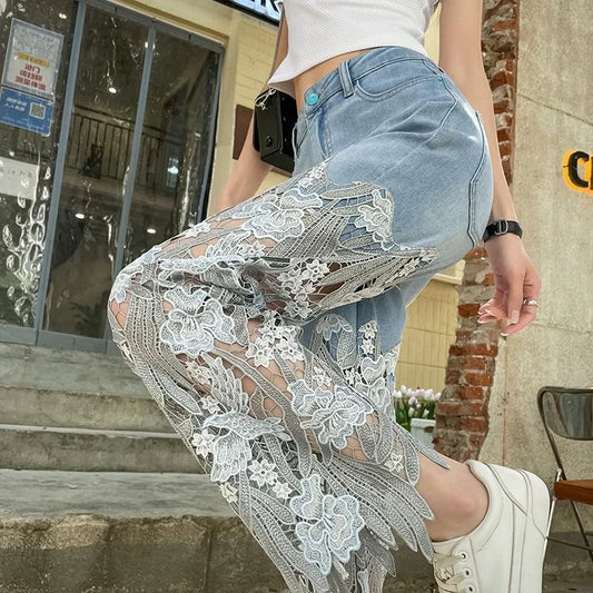 Pants for Woman and Capris Straight Leg with Rhinestones Transparent