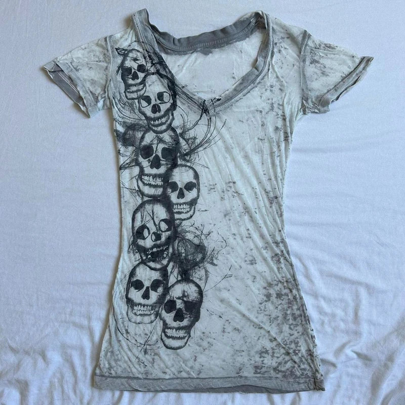 Graphic Tie Dye V Neck Crop Tops Y2K E-girl Gothic Grunge Skull Print