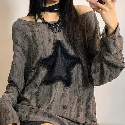 Y2K Grunge Hole T-Shirt Star Print Ripped Streetwear Off Shoulder Tops