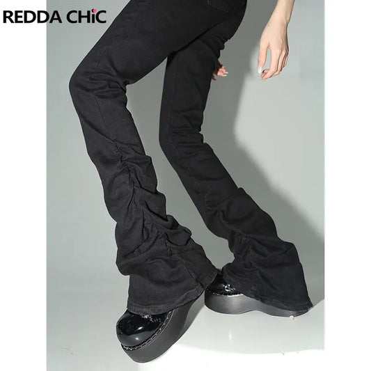 REDDACHiC Black Ruched Flare Jeans Women Solid Stretch Bootcut Stacked